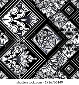 Vector Black and White Line Floral Asian Seamless Pattern