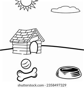 Vector black and white line icon of dog house with bowl, and bone isolated on white background. Illustration of a dog kennel or yard suitable for coloring