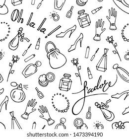 Vector black and white linear seamless pattern with french style objects . Shoes , bag, cosmetics, perfume. Lettering : oh la la, je t'aime. 