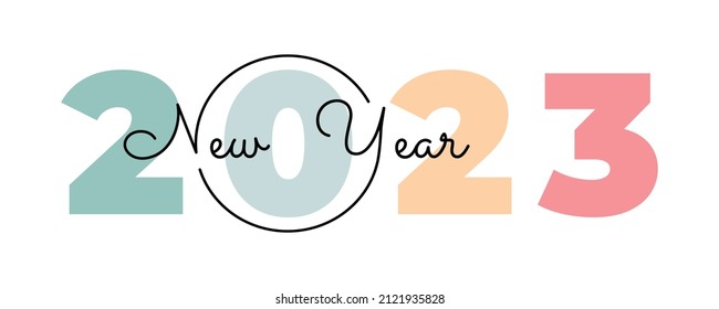 Vector black and white lines lying on multicolored numbers 2023 for poster, brochure, banner, ticket. Numbers and handwritten letters isolated on white background. Happy new year 2023.