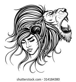 Vector Black and White Lion Woman Illustration