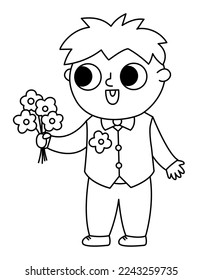 Vector black and white little bridegroom illustration. Cute outline boy in vest with flower bouquet. Wedding ceremony kid line icon. Cartoon marriage guest. Elegant baby coloring page
