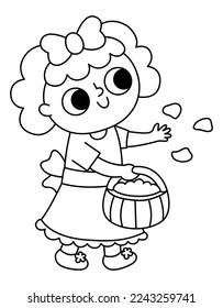 Vector black and white little bridesmaid illustration. Cute outline girl in dress throwing flower petals. Wedding ceremony kid line icon. Cartoon marriage guest. Elegant baby coloring page
