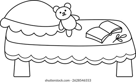 Vector black and white little girl bed clipart. Cute fairy bedroom furniture with pillow, duvet, opened book, teddy bear. Child, baby or kid cot line illustration. Magic, fairytale home coloring page
