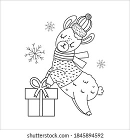 Llama vectora blanca y negra en sombrero y bufanda con caja de regalo y copos de nieve. Ilustración de la línea animal de invierno con presencia en las manos. Gracioso diseño de tarjetas de Navidad. Plantilla de impresión de Año Nuevo
