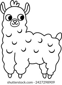 Vector black and white llama illustration for children. Cute line animal character for kids. Cartoon alpaca icon or coloring page
