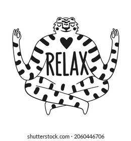 Vector black white llustration with tiger and lettering word Relax. Symbol of 2022 new year. Apparel print, greeting card, typography poster template with cartoon style animal