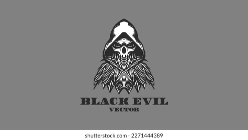 Vector black and white logo. Black evil. Hooded human skull. An ominous portrait of death. Sticker, icon or emblem.