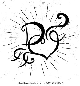 Vector black and white logo with heart. Letter D