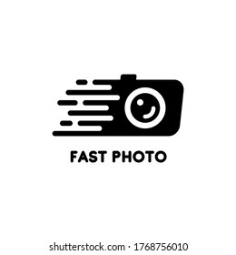 Vector black and white logo with a moving camera. Logo for a quick photo studio. Design element for studio, photographers, cameramen.