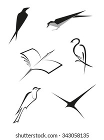 Vector black and white logotypes and silhouette of birds on white background