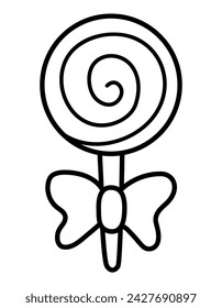 Vector black and white lollypop on stick decorated with bow. Fairytale themed birthday dessert. Cute magic candy bar line design element. Sweet caramel icon or coloring page
