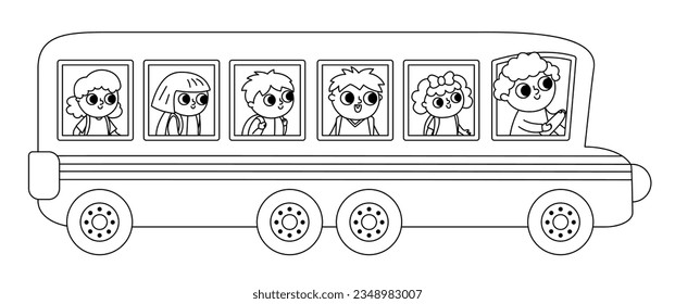 Vector black and white long school bus with driver and passengers. Back to school educational clipart. Flat public transport car. Transportation line icon or coloring page with cute kids
