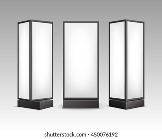 Vector Black White Luminous Rectangular Poster Stands Pillars for Indoor Advertising Front Side View Isolated on Background