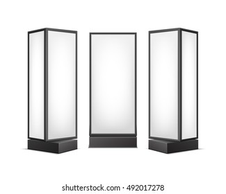 Vector Black White Luminous Rectangular Poster Stands Pillars for Indoor Advertising Front Side View Isolated on Background