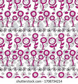 Vector black and white and magenta monochrome cartoon sunflowers repeat pattern with grey polka dots. Suitable for textile, wallpaper and giftwrap.