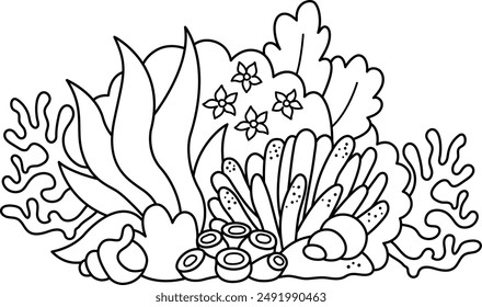 Vector black and white magic seaweed forest landscape. Fairytale underwater world concept with seashells and corals. Fantasy marine nature line illustration or coloring page
