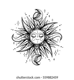 Vector Black and White Magic Sun and Moon Illustration