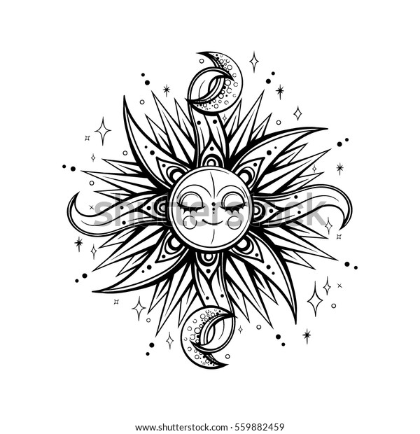 Vector Black White Magic Sun Moon Stock Vector Royalty Free