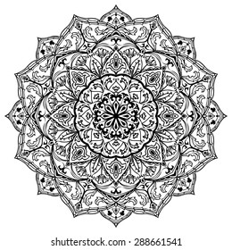 Vector black and white mandala isolated on white background. Sketch of tattoo. Circular vintage ornament. Round element of medieval pattern.