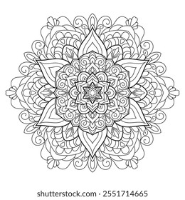 Vector Black and White Mandala Pattern. Vibrant Spiritual Lace Tattoo with Islamic, Arabic, Indian, and Ottoman Influences. Zentangle inspired image to color.