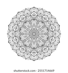 Vector Black and White Mandala Pattern. Vibrant Spiritual Lace Tattoo with Islamic, Arabic, Indian, and Ottoman Influences. Zentangle inspired image to color.