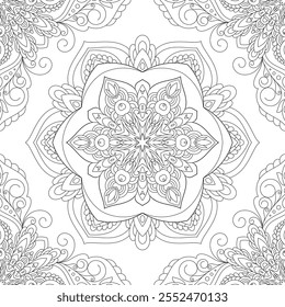 Vector Black and White Mandala Pattern. Intricate Spiritual Lace Tattoo with Islamic, Arabic, Indian, and Ottoman Influences. Zentangle inspired image to color.