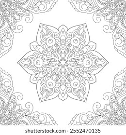 Vector Black and White Mandala Pattern. Intricate Spiritual Lace Tattoo with Islamic, Arabic, Indian, and Ottoman Influences. Zentangle inspired image to color.