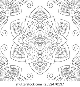 Vector Black and White Mandala Pattern. Intricate Spiritual Lace Tattoo with Islamic, Arabic, Indian, and Ottoman Influences. Zentangle inspired image to color.