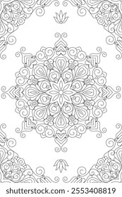 Vector Black and White Mandala Pattern. Intricate Spiritual Lace Tattoo with Islamic, Arabic, Indian, and Ottoman Influences. Zentangle inspired image to color.
