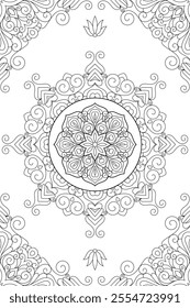 Vector Black and White Mandala Pattern. Intricate Spiritual Lace Tattoo with Islamic, Arabic, Indian, and Ottoman Influences. Zentangle inspired image to color.