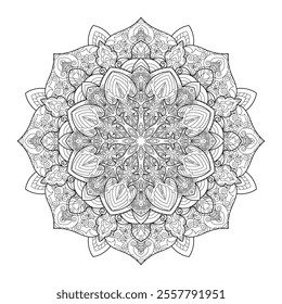 Vector Black and White Mandala Pattern. Intricate Spiritual Lace Tattoo with Islamic, Arabic, Indian, and Ottoman Influences. Zentangle inspired image to color.