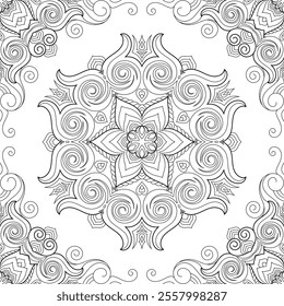 Vector Black and White Mandala Pattern. Intricate Spiritual Lace Tattoo with Islamic, Arabic, Indian, and Ottoman Influences. Zentangle inspired image to color.