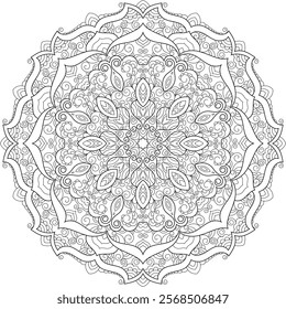 Vector Black and White Mandala Pattern. Vibrant Spiritual Lace Tattoo with Islamic, Arabic, Indian, and Ottoman Influences. Zentangle inspired image to color.