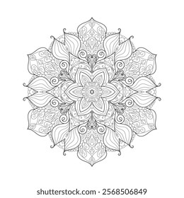 Vector Black and White Mandala Pattern. Vibrant Spiritual Lace Tattoo with Islamic, Arabic, Indian, and Ottoman Influences. Zentangle inspired image to color.