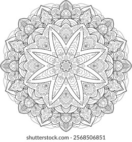 Vector Black and White Mandala Pattern. Vibrant Spiritual Lace Tattoo with Islamic, Arabic, Indian, and Ottoman Influences. Zentangle inspired image to color.