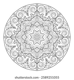 Vector Black and White Mandala Pattern. Intricate Spiritual Lace Tattoo with Islamic, Arabic, Indian, and Ottoman Influences. Zentangle inspired image to color.