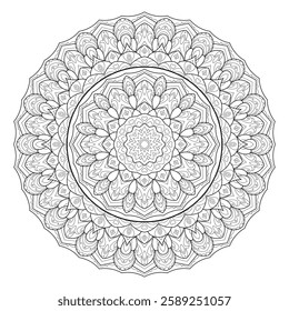 Vector Black and White Mandala Pattern. Intricate Spiritual Lace Tattoo with Islamic, Arabic, Indian, and Ottoman Influences. Zentangle inspired image to color.