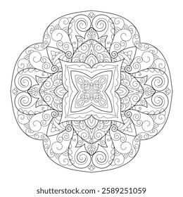 Vector Black and White Mandala Pattern. Intricate Spiritual Lace Tattoo with Islamic, Arabic, Indian, and Ottoman Influences. Zentangle inspired image to color.