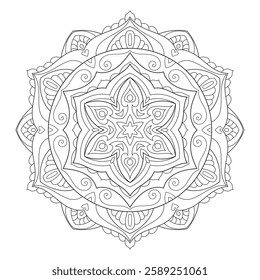 Vector Black and White Mandala Pattern. Intricate Spiritual Lace Tattoo with Islamic, Arabic, Indian, and Ottoman Influences. Zentangle inspired image to color.