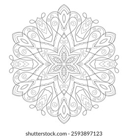 Vector Black and White Mandala Pattern. Intricate Spiritual Lace Tattoo with Islamic, Arabic, Indian, and Ottoman Influences. Zentangle inspired image to color.