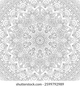 Vector Black and White Mandala Pattern. Vibrant Spiritual Lace Tattoo with Islamic, Arabic, Indian, and Ottoman Influences. Zentangle inspired image to color.