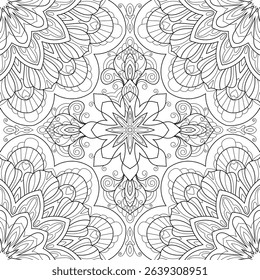 Vector Black and White Mandala Pattern. Vibrant Spiritual Lace Tattoo with Islamic, Arabic, Indian, and Ottoman Influences. Zentangle inspired image to color.