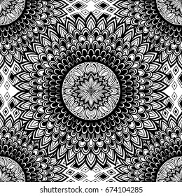 Vector Black and White Mandala Seamless Pattern