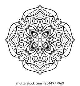 Mandala preto e branco vetorial. Textura vibrante de renda espiritual com influências islâmicas, árabes, indianas e otomanas. Zentangle inspirou a imagem para a cor.