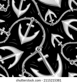 Vector Black and White Marine Anchor Seamless Pattern