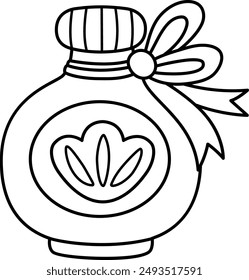 Vector black and white marine bottle with magic potion. Witchcraft element with sea shell, bow. Mermaid glass jar icon. Underwater princess liquid elixir line illustration, coloring page for kids
