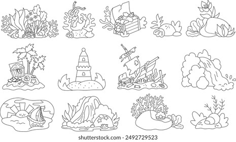 Vector negro y blanco marino conjunto con barco, cofre del tesoro, isla desierta. Sirena, pirata, colección de concepto de aventura en el mar. Clipart de la línea del paisaje submarino del océano, página para colorear
