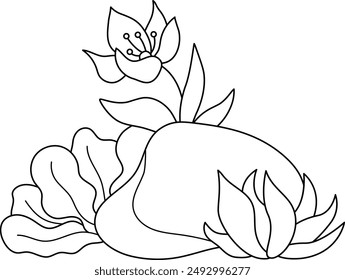 Vector black and white marine composition with rock, seaweeds, water lily. Mermaid land line concept. Sea life nature decoration. Ocean or underwater clipart element or coloring page
