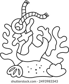 Vector black and white marine composition with rock, seaweeds, seashell, torn ship anchor. Mermaid land concept. Ocean or sea life nature decoration. Lost pirate ship line element or coloring page
